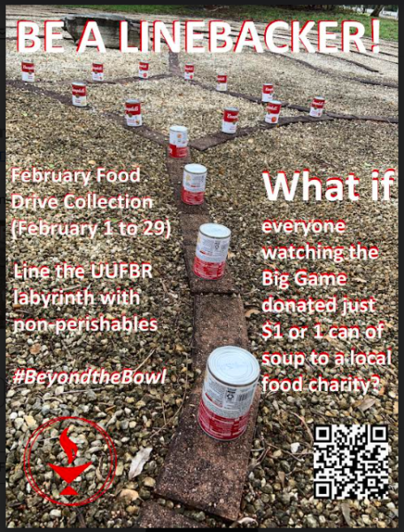 Cans of Soup line the labyrinth to encourage food drive donations