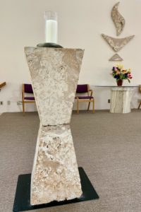 The UUFBR Stone Chalice in the Cleary Sanctuary, 4 foot tall and made of Florida limestone