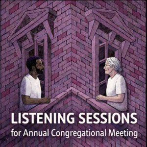 Optical illusion cartoon of two people talking over an ambiguous brick building