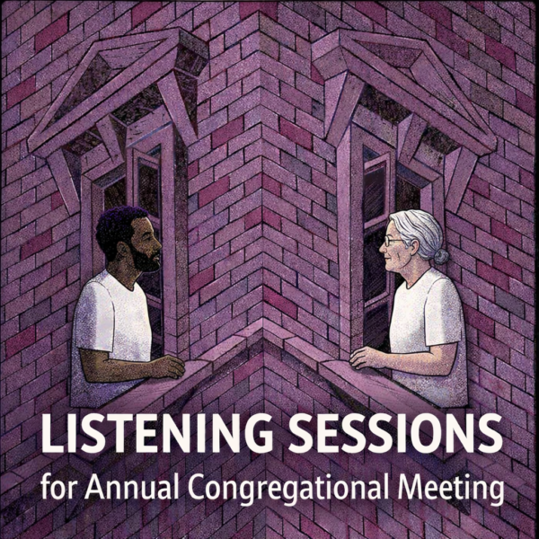 Optical illusion cartoon of two people talking over an ambiguous brick building